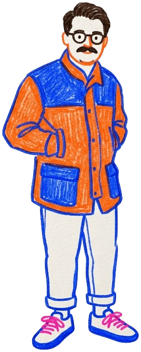 An illustration of Cameron: glasses, moustache, an orange and blue jacket