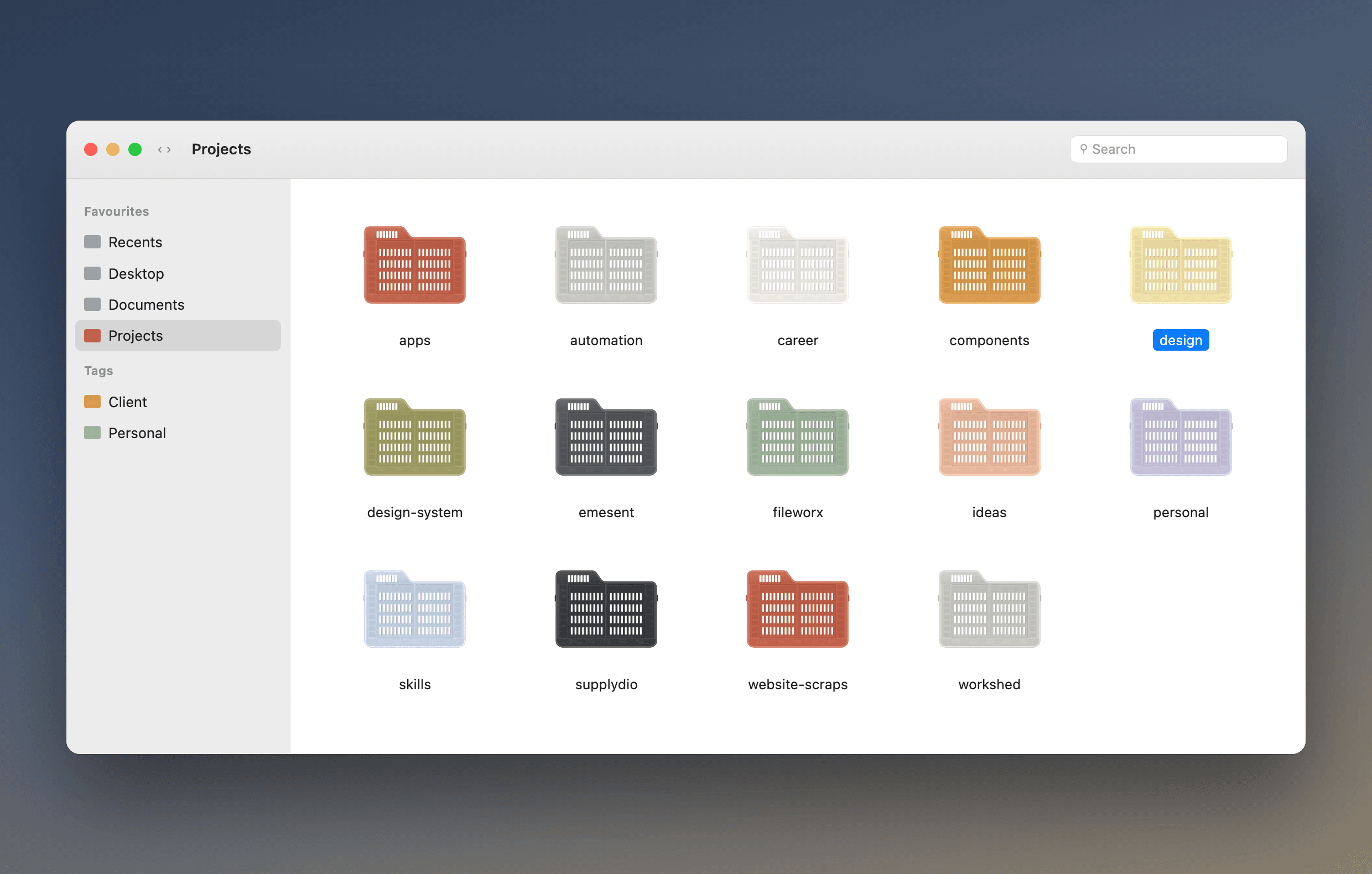 Fourteen project folders in Finder, each a coloured crate