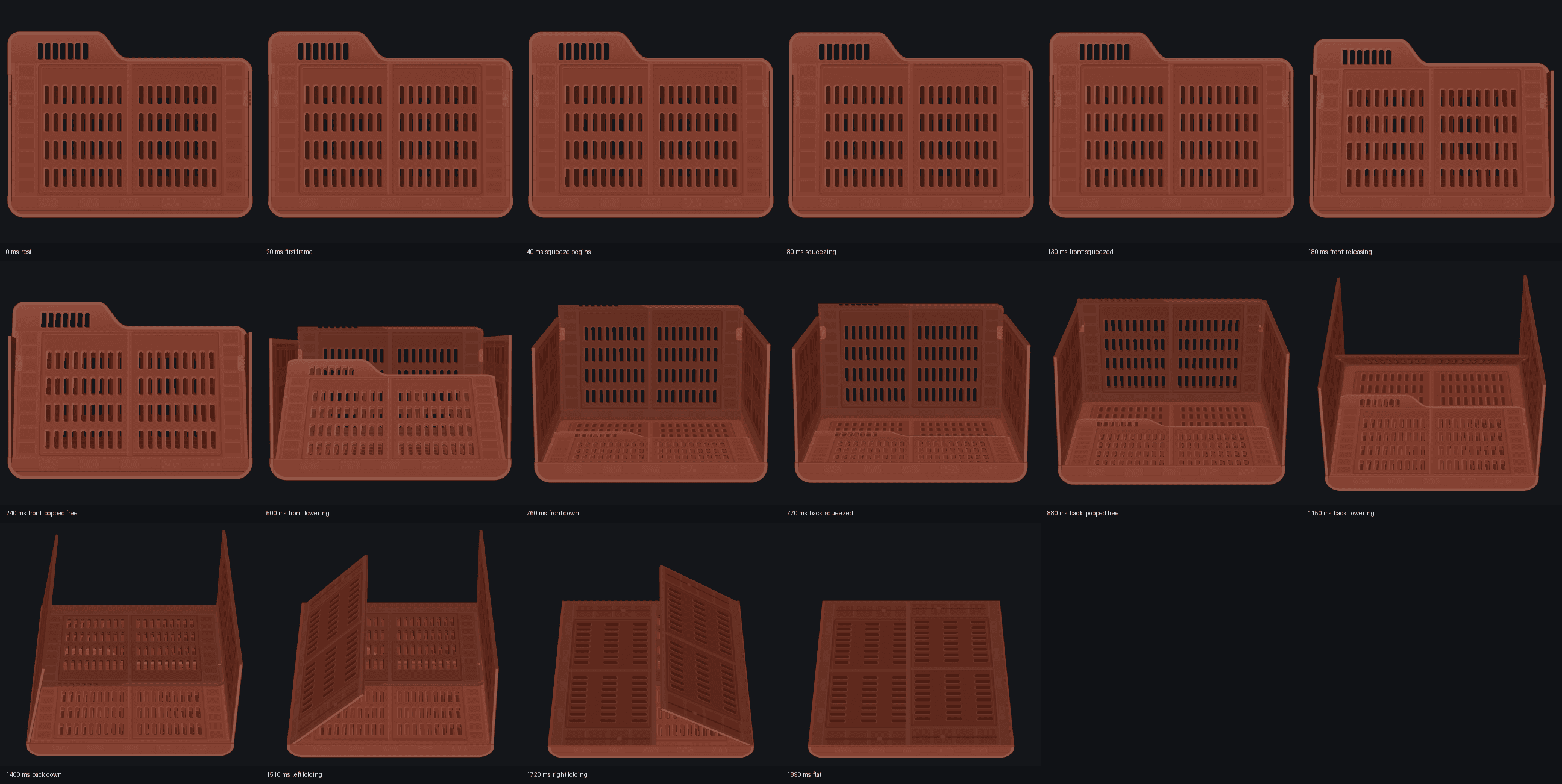The fold as sixteen frames, closed icon to flat stack