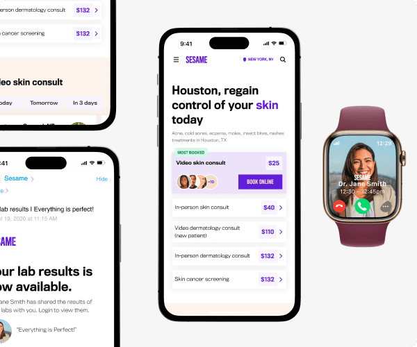 Compilation of Sesame healthcare marketplace screens across the patient journey