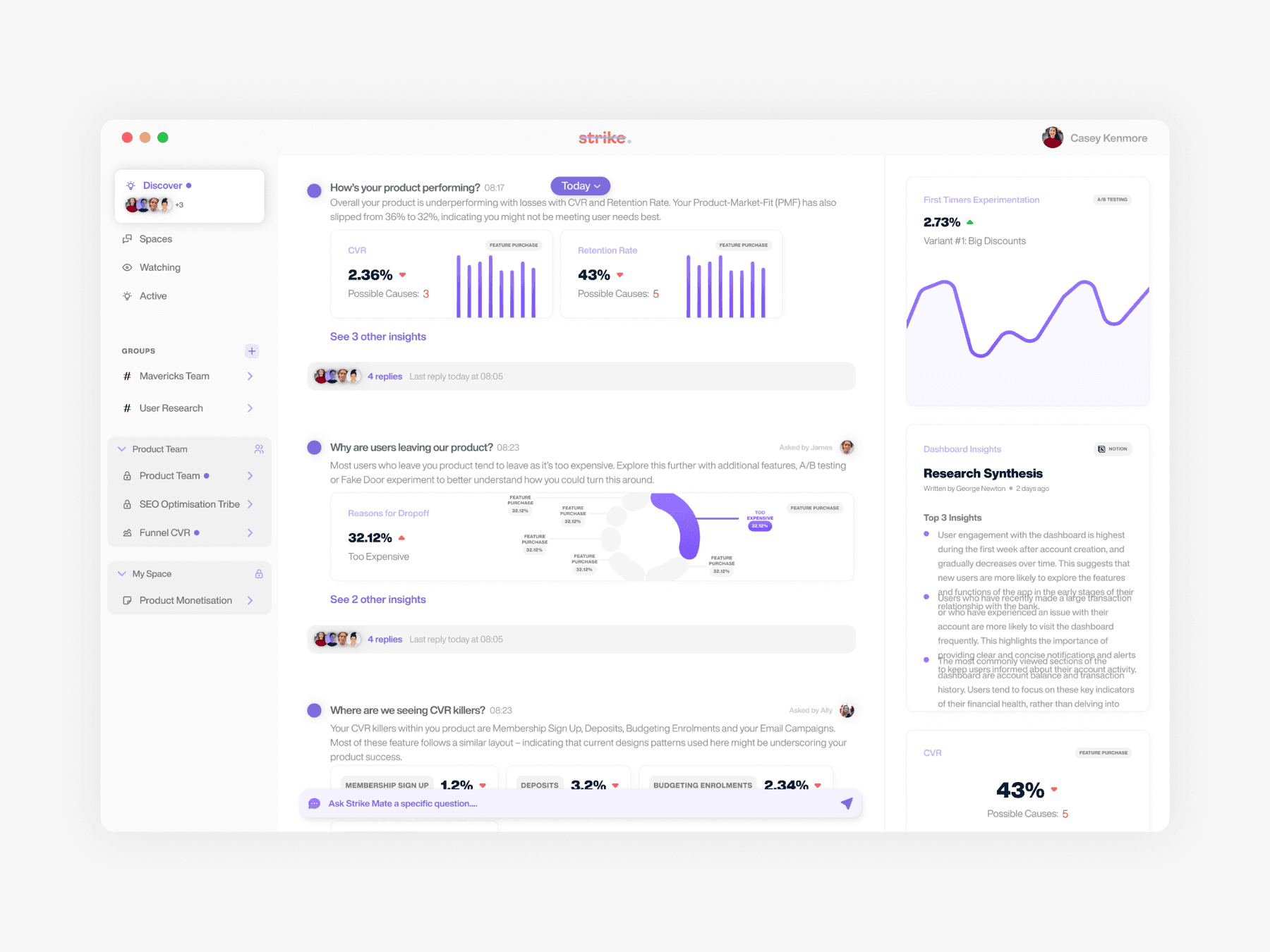 Phase 1 user research framework showing interview insights and data synthesis