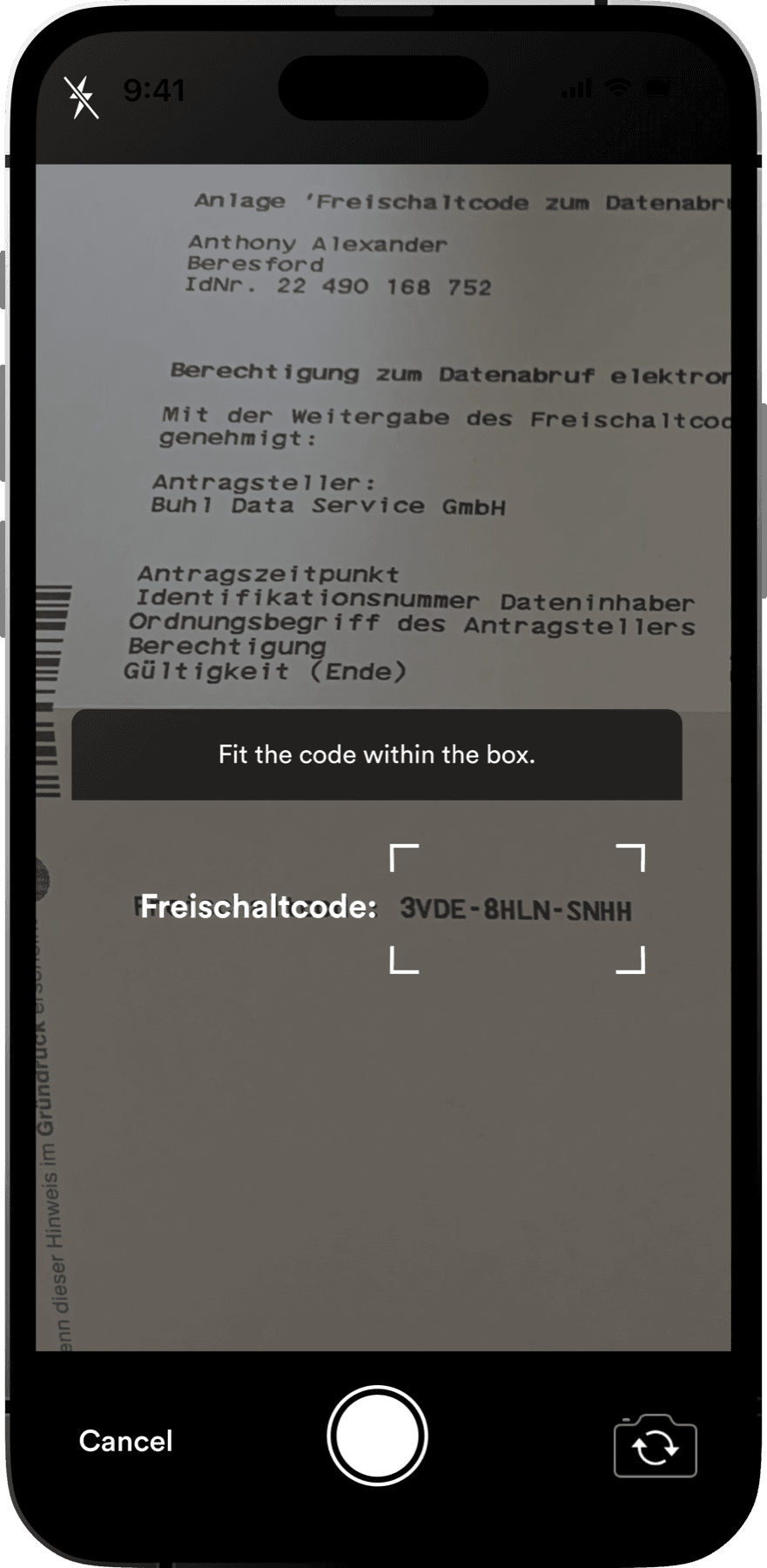 Screen 5: Code scanning interface for the activation letter